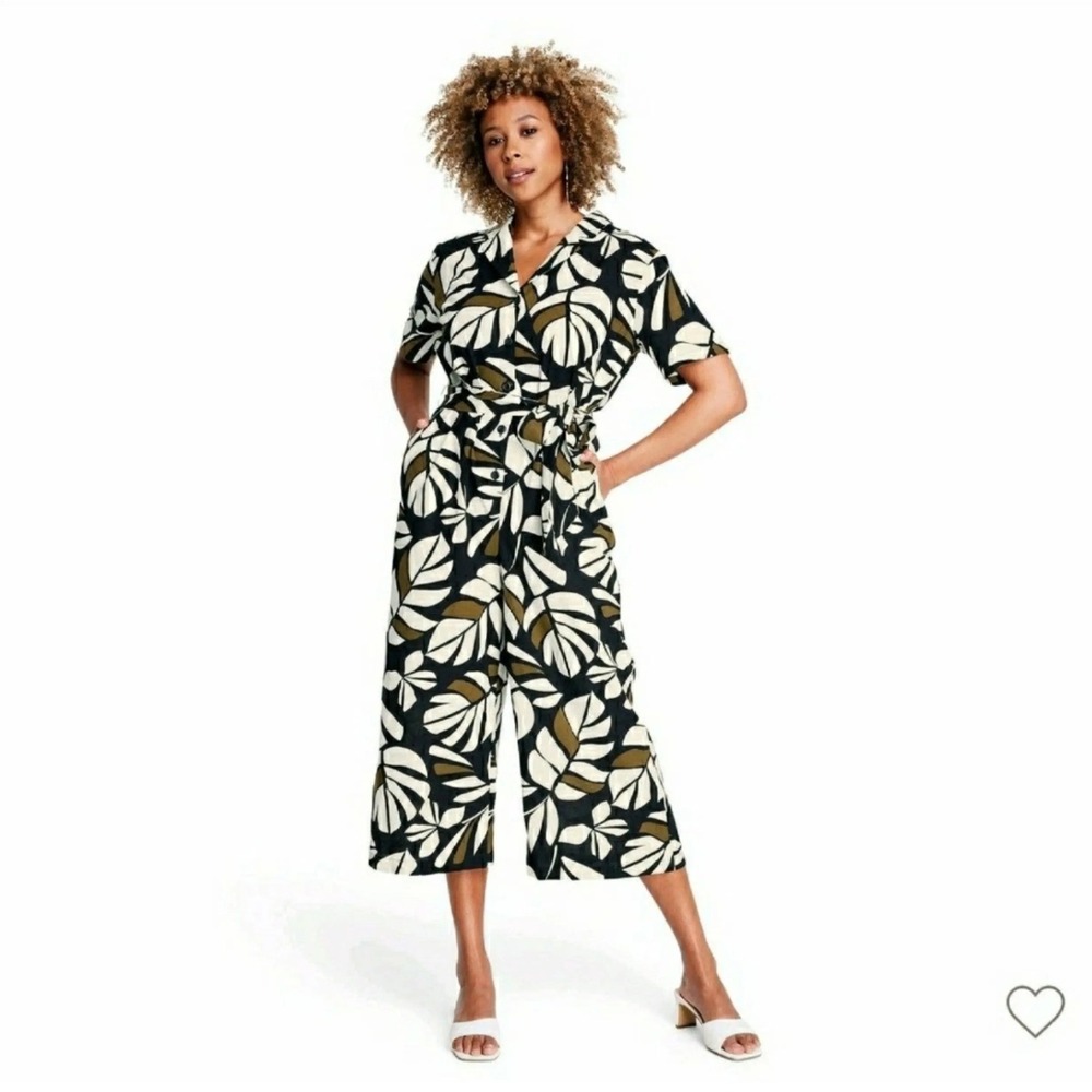 Tabitha Brown X Target Jumpsuit Women XS Black White Tropical Leaf Print Cotton